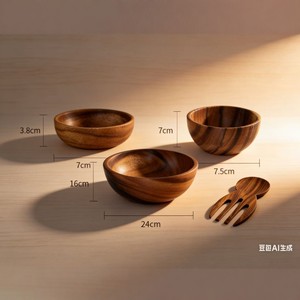 ชุดชามไม้กระถินณรงค์สไตล์ญี่ปุ่น 3 ขนาด พร้อมส้อมไม้ สำหรับเสิร์ฟสลัด ผลไม้ ภาชนะบนโต๊ะอาหาร ดีไซน์เรียบง่าย ทำจากไม้เนื้อแข็ง - Product Image 1