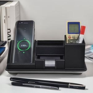 Boîte de rangement en cuir PU noir pour bureau et bureau, charge sans fil 10W, charge rapide pour téléphone portable, RH6957P-WLC - Product Image 1
