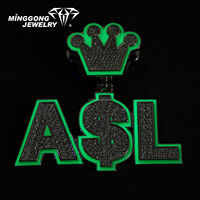 Liontin Huruf A$L Custom Iced Out dengan Mahkota di Atas, Engsel Lipat, Alas Logam Solid, Bingkai Enamel, Finishing Poles, Perhiasan Hip Hop