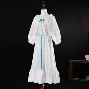 Amiya Pajamas Women Long Sleeve <b>White</b> Cotton Sleepwear Soft <b>Nightdress</b> With Blue Trim And Ruffles For Cosplay Or Everyday Wear - Product Image 1
