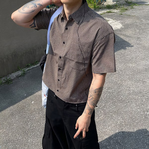 Camisa de Vestir Personalizada Davidme Retro a Cuadros, Manga Tres Cuartos, Cuello Camisero, Popelina Ecológica para Hombre, Estilo Coreano de Verano - Product Image 1