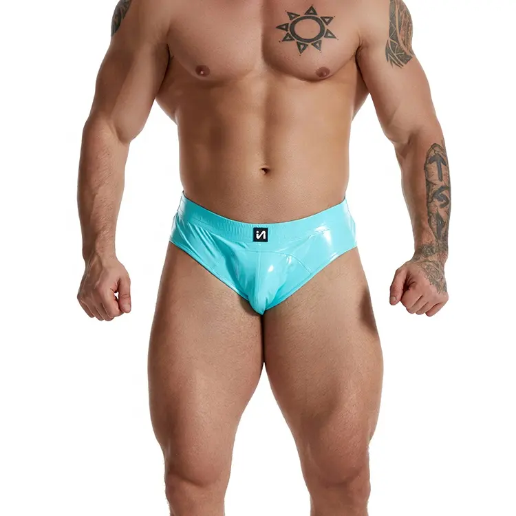 Hombre Men's Bottomless Underwear Custom Leather Hot Gay Man Erotic Briefs Photo Shinny Blue Stretch Tight Jockstraps For Sex