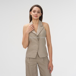 Traje de Lino Informal de Moda para Mujer, Chaleco Corto y Pantalones Cómodos, Color Natural Personalizado, OEM para Ocasiones Formales - Product Image 3