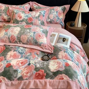 Luxury French Milk Velvet Four-Piece <strong>Bedding</strong> Set Thickened Double-Sided Duvet Cover Princess Style Oil Painting Disposable Home - Product Image 4