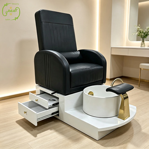 Fauteuil de pédicure moderne de luxe avec tiroirs de rangement, baignoire à pieds en céramique blanche et repose-pieds doré, pédicure inclinable en cuir PU - Product Image 1