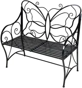 Oniya黑色仿古铸铁户外双人座椅花园长凳，带蝴蝶靠背，用于家庭装饰