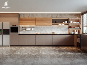 Armoires de cuisine modernes en gros avec finition grain de bois <span class=keywords><strong>et</strong></span> espace intégré pour appareils électroménagers, pour villas résidentielles, utilisation mondiale, OEM - Product Image 5