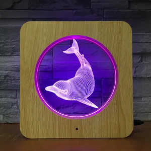 Intelligente Delfino a Forma di Animali Luce di Notte Cornice per Foto con Tondo Acrilico Lampade a led 7 Colori RGB 3D Lampada con telecomando