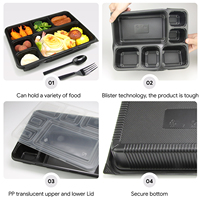 Récipients alimentaires à bento noirs à 6 compartiments personnalisés Boîte à bento en plastique jetable à emporter