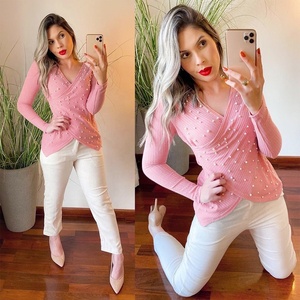 CY600006-camisetas informales para Mujer y niña, camisetas acanaladas de manga larga con cuello en V profundo, envoltura cruzada, Top plisado ajustado para Mujer - Product Image 2