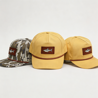 Casquette de baseball unisexe à 5 panneaux à visière plate avec logo requin tissé personnalisé, motif camouflage, pour activités de plein air, pêche, chasse, avec détail corde, style trucker