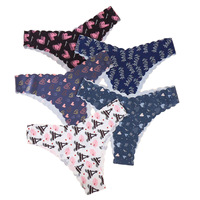 Lot de 5 culottes string ultra-fines en soie glacée, sans couture, taille mi-haute, motif lettres, respirantes, en nylon et coton, pour jeunes filles