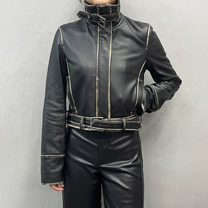 Chaqueta de cuero genuino de oveja desgastada corta para <span class=keywords><strong>mujer</strong></span>, estilo 2026, con solapa y cinturón, de <span class=keywords><strong>moda</strong></span>, para motocicletas - Product Image 1