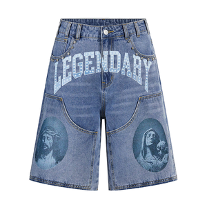 <b>Men's</b> Casual Wide Leg Graphic Print Denim <b>Shorts</b> 100% Cotton Loose Fit Washed Streetwear <b>Knee</b> <b>Length</b> Jean <b>Shorts</b> - Product Image 1