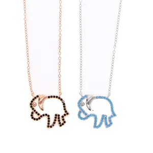 Wholesale 925 Sterling Silver Cute Animal Fashion Women Jewelry Black Turquoises CZ Elephant Necklace