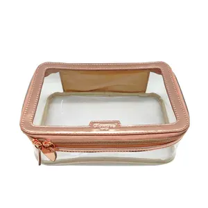 Customized Clear Transparent Travel PVC Cosmetic Bag Metallic Leather Makeup Bags Waterproof Women Cosmetic Case