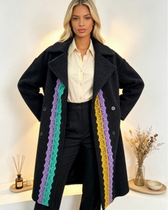 Veste mi-longue pour femme, colorée, à col à revers et garniture en dentelle, coupe ample, double boutonnage, pour les sorties, les fêtes et le quotidien - Product Image 2
