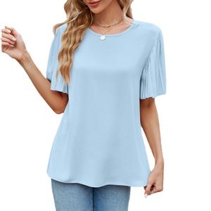 Camisa de Manga Corta con Cuello Redondo y Pliegues de Seda de Hielo para Mujer, a la Moda - Product Image 4