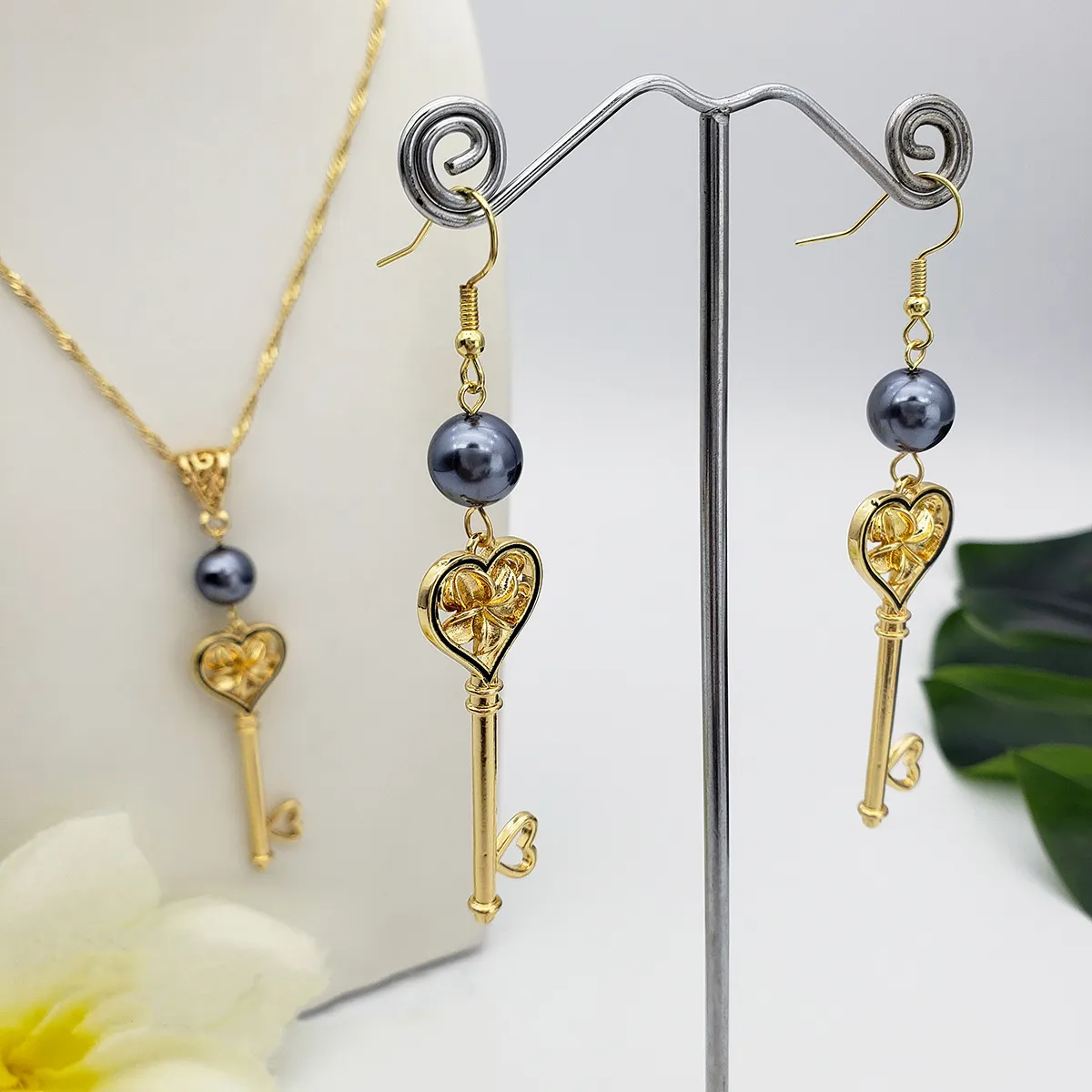 Cadeau de la Saint-Valentin hawaii nouvelle vente chaude or argent plaqué clé pendentif collier boucles d'oreilles ensembles de bijoux