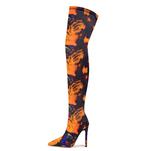 Big Size 47 Wide Fit Thigh High Boots Women's Stiletto Over-knee Floral Pattern Boots Stretchy Fabric on Shoes - Product Image 3