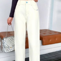 Jeans Boyfriend Blancs Oversize Écologiques de Haute Qualité pour Femmes, Pantalon en Denim Décontracté à Taille Haute Élastique Coupe Classique pour Femmes