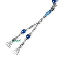 Vente en gros professionnelle de tasbih musulman pour hommes en agate bleue et blanche naturelle de 10 mm, 33 perles, misbaha turque, cadeau de Ramadan et de l'Aïd