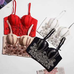 Top court à perles fines pour femme, Corset de soirée, haut court avec soutien-gorge intégré, à porter à l'épaule dénudée - Product Image 2