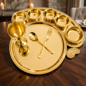 <b>Vintage</b> Gold Metal Dinnerware Set Handpainted Fruit Pattern Stocked Dishwasher <b>Safe</b> Serving Platter Bowls Spoon Fork Wedding - Product Image 3