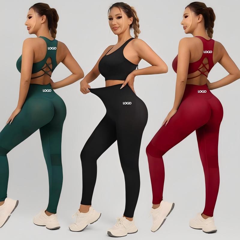 Women's Yoga Set Custom Tummy Control Breathable Seamless 2-Piece Strapless Solid Front Logo Scrunch Butt Workout Leggings