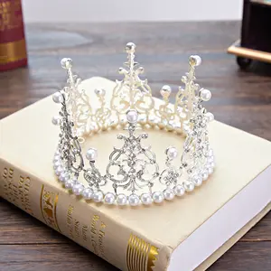 Hiasan atas kue mahkota Tiara kristal mutiara anak-anak ornamen rambut untuk pesta ulang tahun pernikahan kue dekorasi warna emas dan perak