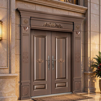 Porte d'entrée de sécurité à double battant de style européen avec panneaux à rainures et poignées à levier pour grandes maisons