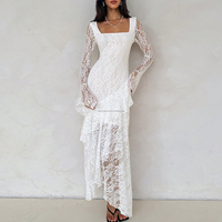 Robe longue de soirée asymétrique blanche sur mesure OEM, élégante, à col carré, manches longues évasées et volants, pour mariage et fête