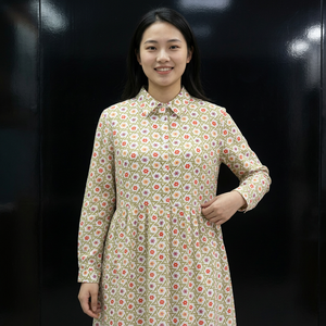 Vestido Midi Vintage con Estampado Floral, Cuello Camisero, Manga Larga, Dobladillo Acampanado, Estilo Casual, Tejido Transpirable de Rayón, para Primavera - Product Image 1
