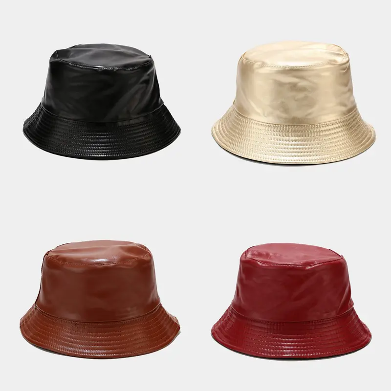 หมวกบักเก็ตหนังพียูสำหรับผู้หญิง,หมวกลำลองแฟชั่นกลางแจ้งทรงกลมสำหรับผู้หญิงกันน้ำได้