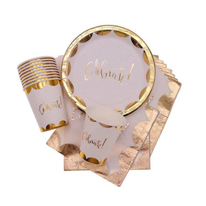 Vasos de Papel, Platos de Papel, Servilletas y Pajitas con Estampado Dorado en Caliente, Vajilla Desechable para Fiestas de Cumpleaños - Product Image 1