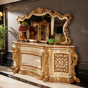 Aparador de Lujo Estilo Europeo Real, Acabado Crema y <span class=keywords><strong>Dorado</strong></span>, Tallado a Mano con Filigrana Dorada, Mueble Buffet de Madera Maciza con <span class=keywords><strong>Espejo</strong></span> para Villa - Product Image 2
