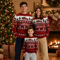 Pull de Noël moche en tricot pour toute la famille, motif voiture vintage, sapin et flocon de neige, couleur bordeaux, assorti parent-enfant, pour les fêtes, fabricant