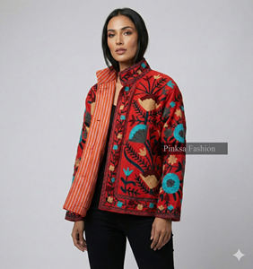 Chaqueta Suzani de Terciopelo Hecha a Mano |   Abrigo Bohemio para Mujer Otoño/Invierno |   Textil Indio Ecológico Bordado a Mano, Estilo Regular - Product Image 5