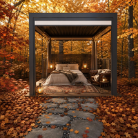 Pergola de jardin de luxe écologique motorisée bioclimatique en aluminium thermolaqué, pavillon permanent à toit rigide avec rideau