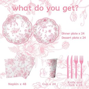 DAMAI Disposable Pink Floral Plates Wildflower Scalloped Rim Dessert Plates for Valentines Birthday Bridal Tea Party Supplies - Product Image 2