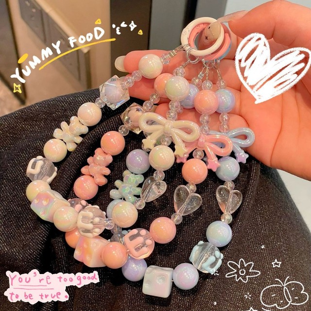 Y2K Cute Bowknot Phone Charm Strap Lanyard DIY Beaded Pendant Sweet Girl Keychain for iPhone Accessories Purse Bag Pendants