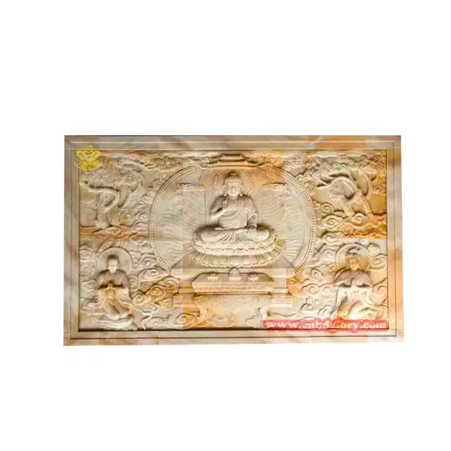 Polierte antike Wandkunst hängende Skulptur Landschaftsdesign gelbe Sandstein-Buddha-Relief-Skulptur