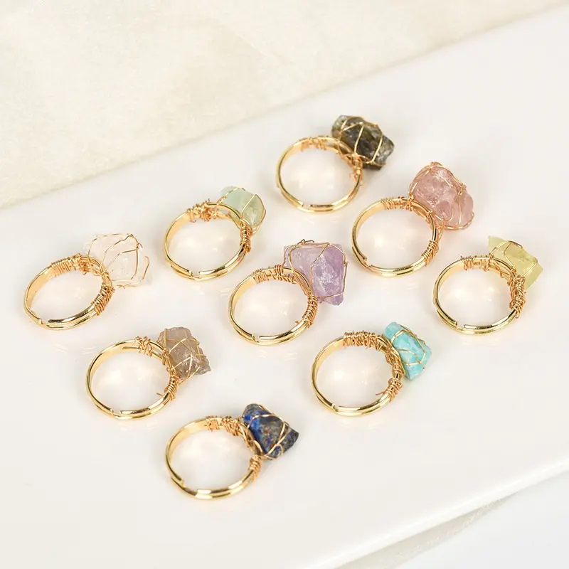 Ajustável Hand Wire Wrap Mineral Ring jóias Irregular Druzy Cristal Natural Quartz Rough Stone Gemme Gemstone Ring