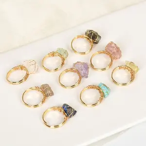 Adjustable Hand Wire Wrap Mineral Ring jewelry Irregular Druzy Natural Crystal Quartz Rough Stone gemme Gemstone Ring