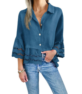 Chemisier décontracté printemps-été pour femme, ample, uni, tissé, avec grandes manches évasées en dentelle et découpes - Product Image 4
