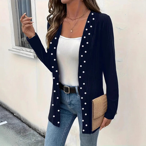Neue Elegante Einfarbige Strickjacke für Damen Modische Oberbekleidung Vielseitige Langarm-Perlen-Verzierte Offene Strickjacke - Product Image 3