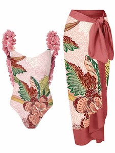 JSN9203880 2023 Traje <span class=keywords><strong>de</strong></span> baño <span class=keywords><strong>de</strong></span> moda Floral Petal Beachwear Colorblock Print Conjunto <span class=keywords><strong>de</strong></span> traje <span class=keywords><strong>de</strong></span> baño <span class=keywords><strong>de</strong></span> una pieza con sarong largo - Product Image 2
