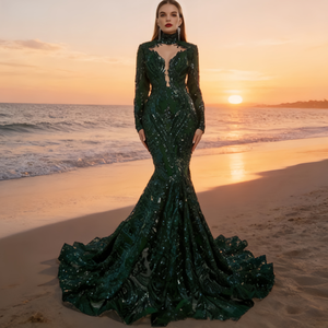 فستان زفاف حورية البحر مقاس كبير |   فستان طويل بخصر مرتفع بألوان متعددة مع أكمام طويلة أنيقة للمناسبات والاحتفالات - Product Image 3