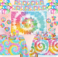 Ensemble de vaisselle et décorations pour fête d'anniversaire Tie Dye : Assiettes, gobelets, serviettes, couverts, nappe, décorations de gâteau, bannière de fond, spirales et ballons