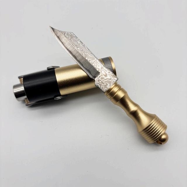 Damascus Knife with Brass Handle High Hardness Sharp Edge Unboxing Knife for Personal Defense Keychain Knife